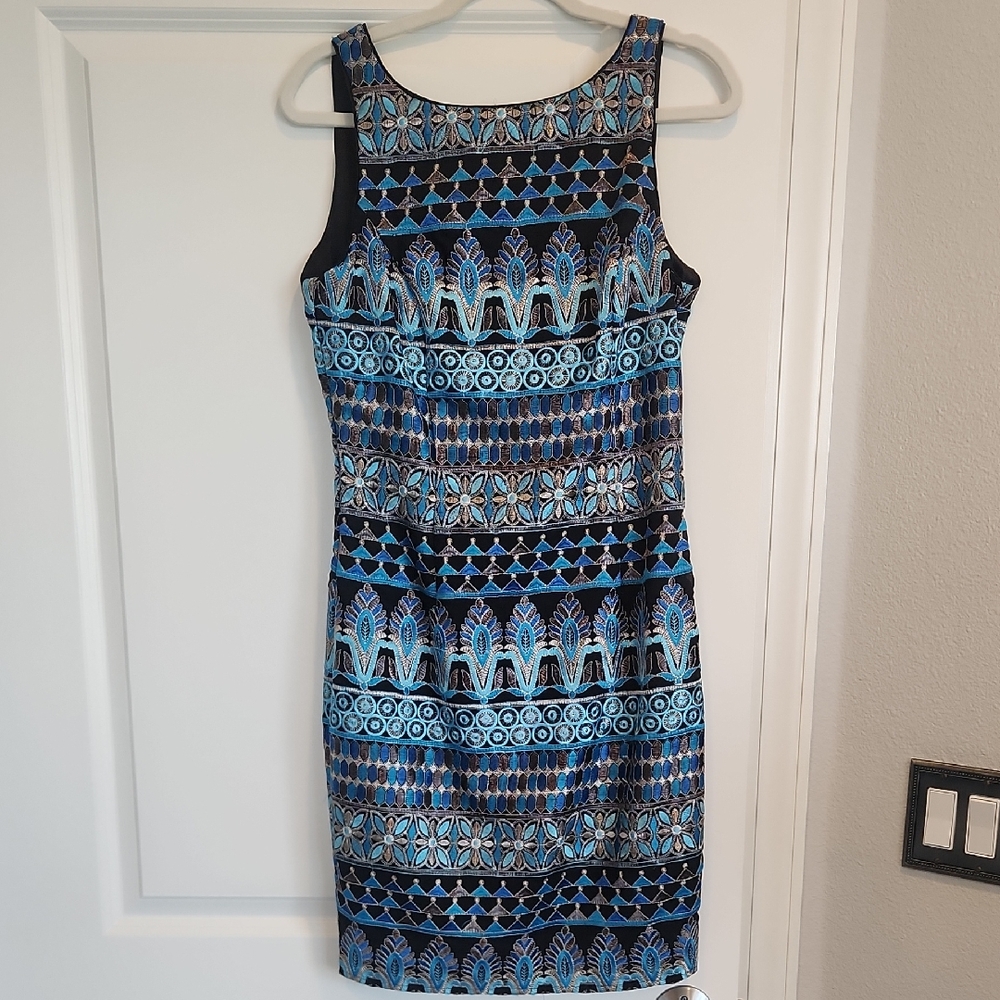 White House Black Market Geometric Blue and Black Mini Dress